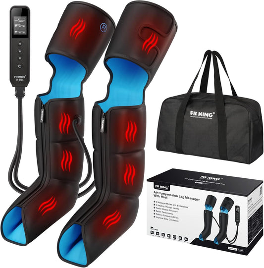 FIT KING Air Compression Leg Massager with Heat for Circulation Upgraded Full Leg and Foot Massager to Relieve Pain, Swelling, Edema, RLS - Built-in Pressure Sensor & LCD Display - Gift for Mom Wife